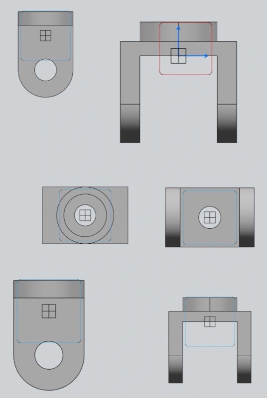 Precision mounting clevis bracket, orthographic views with sketch references.