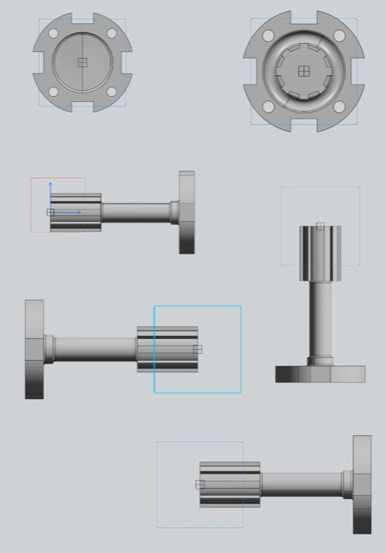 Flanged bayonet coupling with splined boss and bolt holes, multiple views.