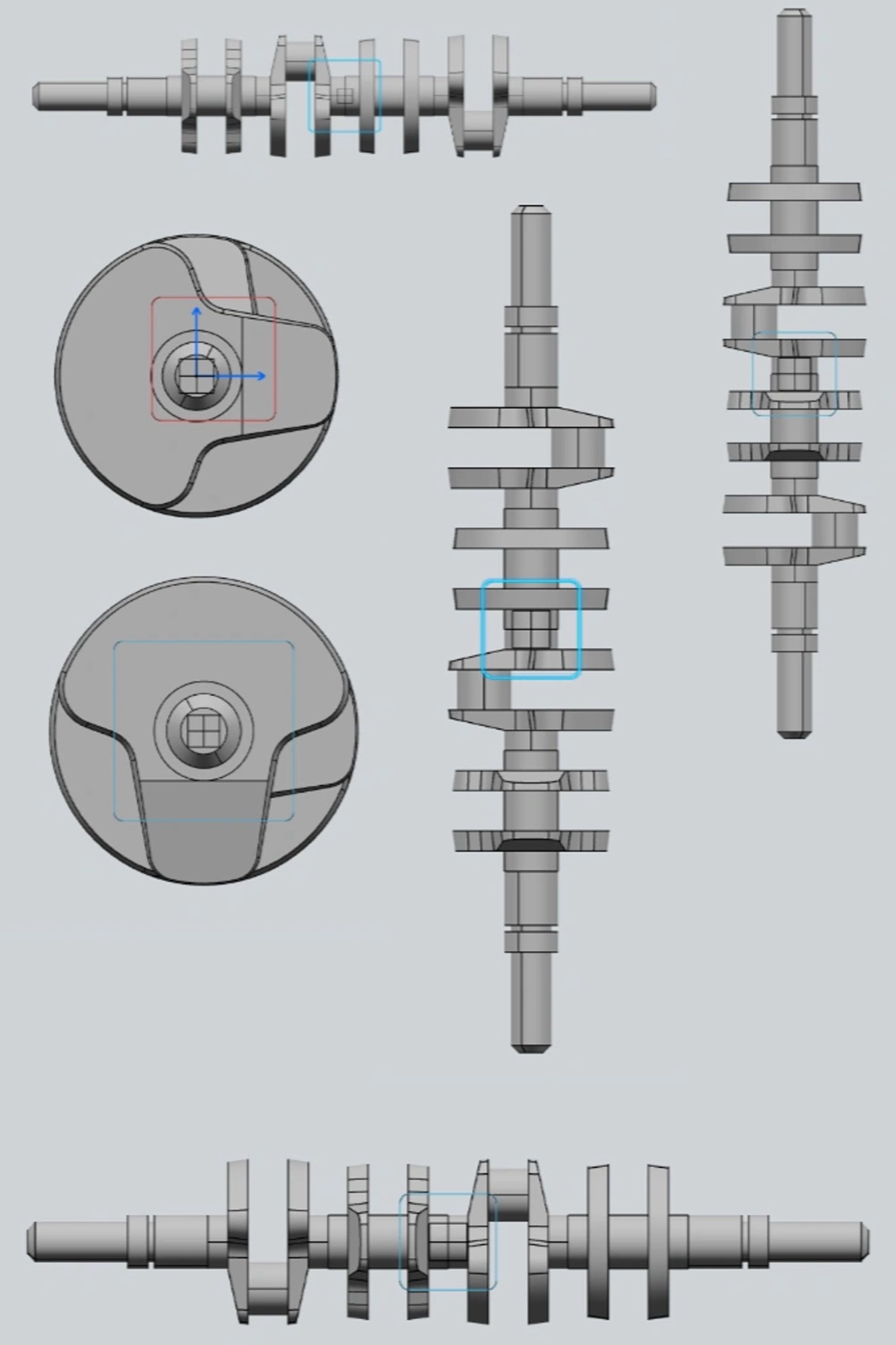 Multi-throw inline engine crankshaft, orthographic and end views.