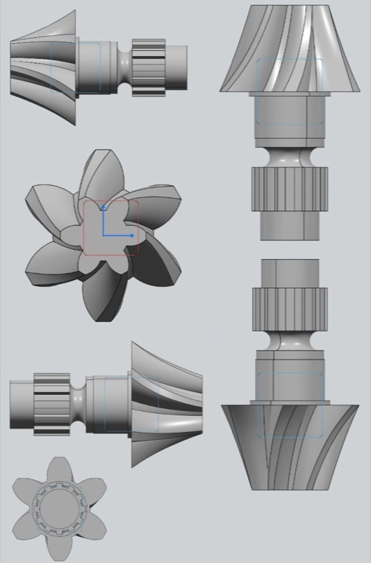 Helical splined rotor with knurled collar and splined bore, multiple views.