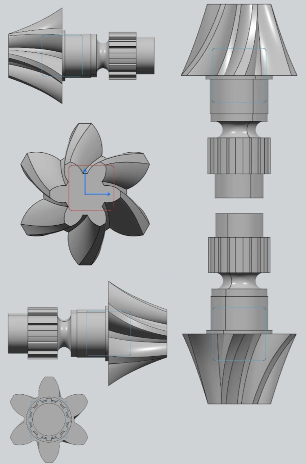 Helical splined rotor with knurled collar and splined bore, multiple views.