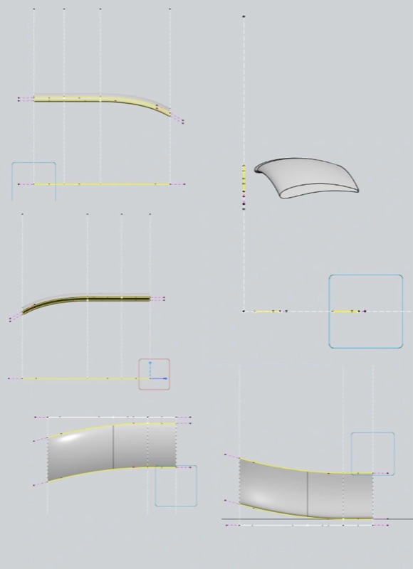 Doubly-curved boundary surface panels built from spline networks, with control curves visible.